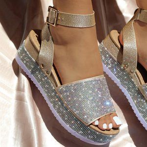 NEW Sparkling Rainbow Rhinestone Open Toe Sandals Flat Platform Heel Ank…